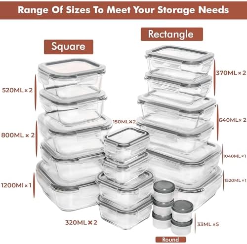 Razab 35 Pc Set Glass Food Storage Containers with Lids - Meal Prep Airtight Bento Boxes BPA-Free 100% Leak Proof (15 lids,15 glass & 5 Plastic Sauce/Dip Containers)