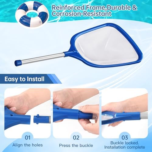 Pool Net, Professional Swimming Pool & Hot Tub Skimmer Net Accessories, Pool Leaf Rake Cleaning Tool with Pole, Fine Nylon Mesh Bag, Easy to Clean Bugs, Leaves,Debris（Blue&White）