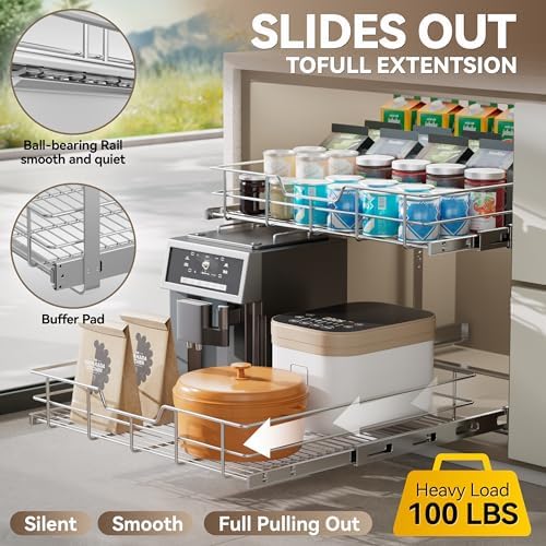 2 Tier Pull Out Cabinet Organizer 9" W X 22" D, Chromed, Full Slide Out