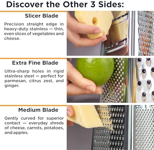 Deiss PRO Box Grater & Cheese Graters for Kitchen - Stainless Steel Cheese Grater and Food Shredder, 4 Sided Hand Grater for Block Cheese, Vegetables Non-Slip Base, Dishwasher Safe