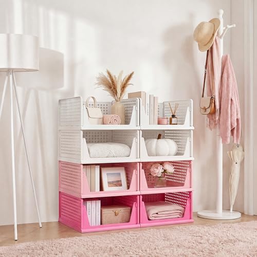 Pink Girl Closet Organizers and Storage Stackable Plastic Drawer Basket for Clothing Stackable Storage Bins Shelf Storage Container for RV Closet Wardrobe Bedroom Bathroom Playroom 8 Pack