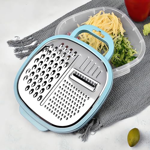 3 in 1 Vegetable Slicer with Storage Box, Stainless Steel Cheese Box Grater, Food Chopper, Wave Cutter, Kitchen Multi-Purpose Grater for Potatoes, Carrots, Zucchini, Onions... (Light Blue)