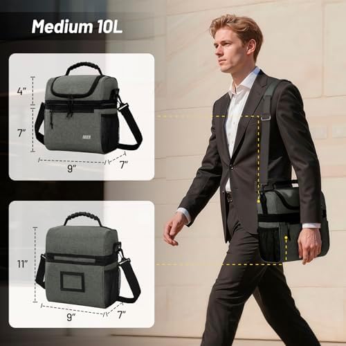 MIER Insulated Lunch Box Bags for Men Women, Dual Compartment, Grey