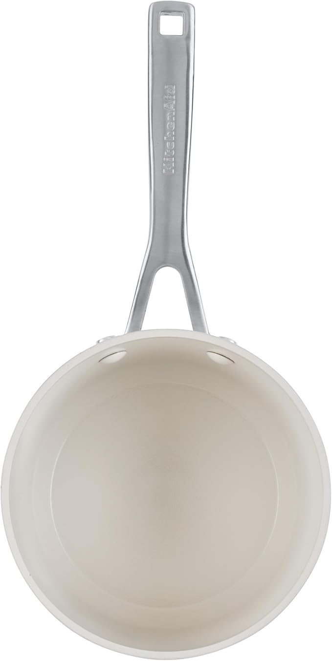 KitchenAid Hard Anodized Ceramic Induction Nonstick Cookware Saucepan with Lid, Dishwasher Safe, 2 Quart Non Stick Sauce Pan with Stainless Steel Handle - Porcelain White