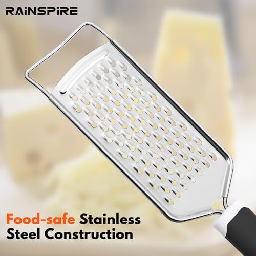 Rainspire Professional Cheese Graters for Kitchen Stainless Steel Handheld, Metal Lemon Zester Grater With Handle For Cheese, Chocolate, Spices, Kitchen Gadgets And Tools, Soft Grip Handle, Black