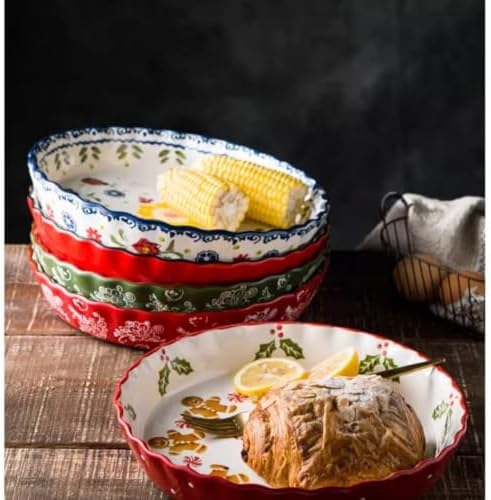 Round Baking Pan,Christmas Pie Pizza Pan, Ceramic Glaze Baking Dish for Cooking, Cake Dinner, Banquet and Daily Use
