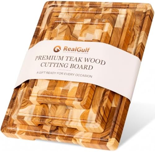 3-Piece End Grain Teak Cutting Board Set with Stand, Juice Groove