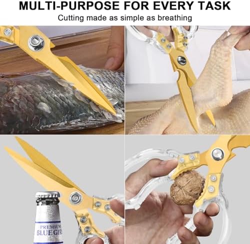 CGBE Kitchen Scissors, Multi-Purpose Kitchen Shears, Heavy Duty Food Scissors for Chicken, Poultry, Fish, Meat & Herbs with Non-Slip Grips - Transparent Gold