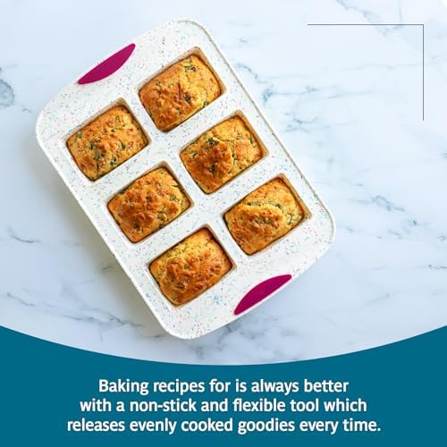 Trudeau Mini Loaf Pan – White Confetti/Fuchsia, 6-Cavity Nonstick Silicone Bakeware for Homemade Bread, Banana Bread, Pound Cake, and Mini Desserts – Flexible, BPA-Free, Dishwasher Safe