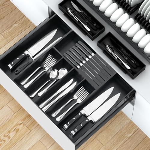VaeFae Bamboo Silverware Drawer Organizer, 7 Slots, Black