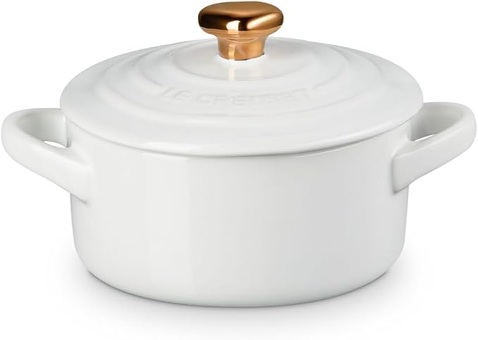 Le Creuset Stoneware Mini Round Cocotte, 8oz., White with Gold Heart Knob