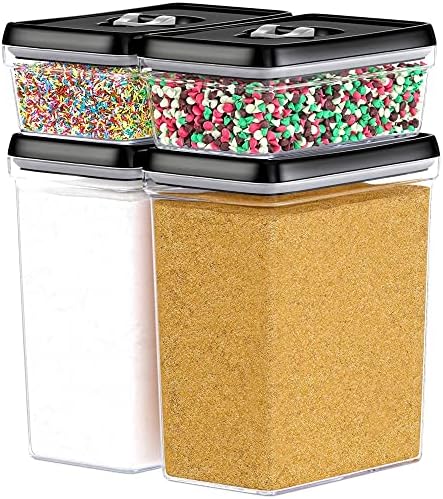 DWËLLZA KITCHEN Large Airtight Food Storage Containers - Clear Plastic Bulk Food Pantry & Kitchen Storage Containers for Flour, Sugar and Baking Supplies 4 Pcs. BPA-Free, Keeps Fresh & Dry (Black)