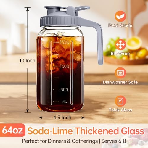 64oz Glass Pitcher with Lid & Spout – 2 Quart Mason Jars, Airtight & Leakproof Breastmilk Pitcher for Cold Brew Coffee, Sun Tea, Water, Juice – Wide Mouth, Fridge Safe
