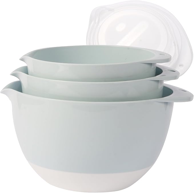 3 Plastic Mixing Bowls with Lids,Pour Spout,TPR Bottom,Mixing Bowl Set,3Qt,2Qt,1.5Qt,Deep Nesting Batter Bowl for Serving,Prep,Baking,Non Slip,Dishwasher Safe,Easy to Grip/Spout,Pale Blue