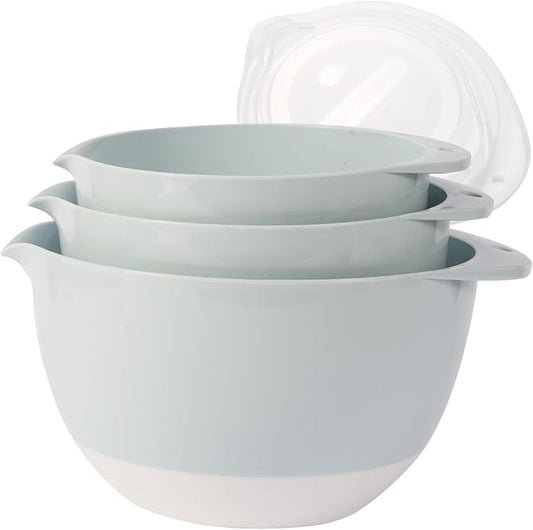 3 Plastic Mixing Bowls with Lids,Pour Spout,TPR Bottom,Mixing Bowl Set,3Qt,2Qt,1.5Qt,Deep Nesting Batter Bowl for Serving,Prep,Baking,Non Slip,Dishwasher Safe,Easy to Grip/Spout,Pale Blue