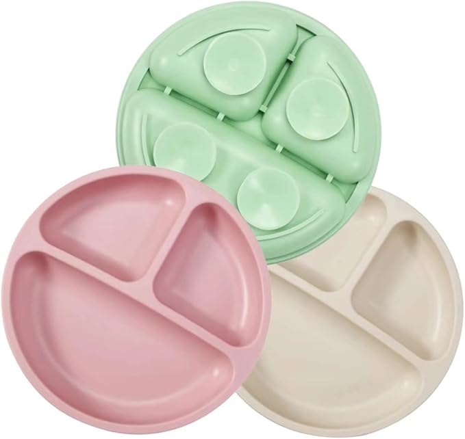 PandaEar 3 Pack Divided Unbreakable Silicone Baby and Toddler Plates - Non-Slip - Microwave Safe - Silicone (Pink Green Light Tan)