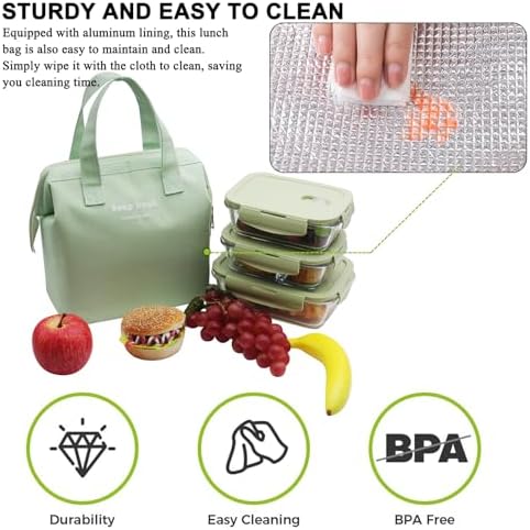 Mziart Insulated Lunch Bag Simple Cute Lunch Box for Women Men, Light Green