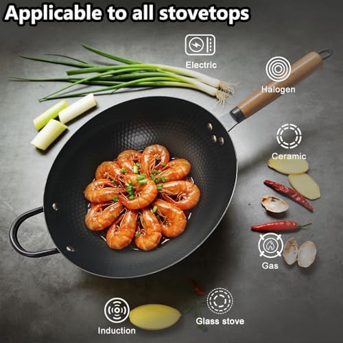 Nonstick Wok,Carbon Steel Wok 12.8-Inch Pan with Glass Lid,Woks & Stir-Fry Pans for Frying Electric,Induction,Gas Stoves Cooking