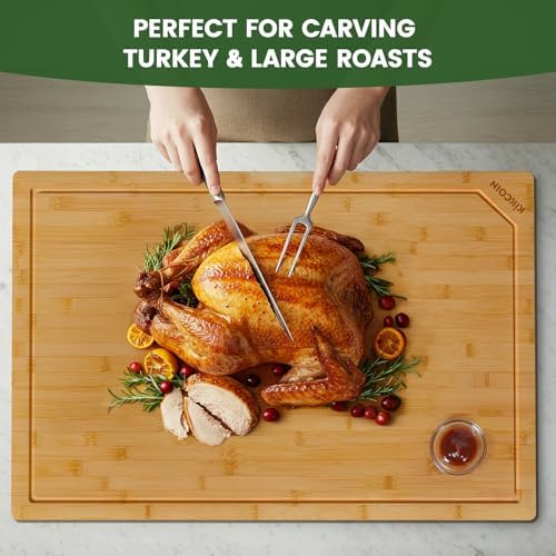 Kikcoin 30”×20” Bamboo Cutting Boards for Kitchen, Heavy Duty Wooden Cutting Boards, Healthy Extra Large Chopping Boards with Deep Juice Groove and Handle, Oversized Stove Top Cover, Natural