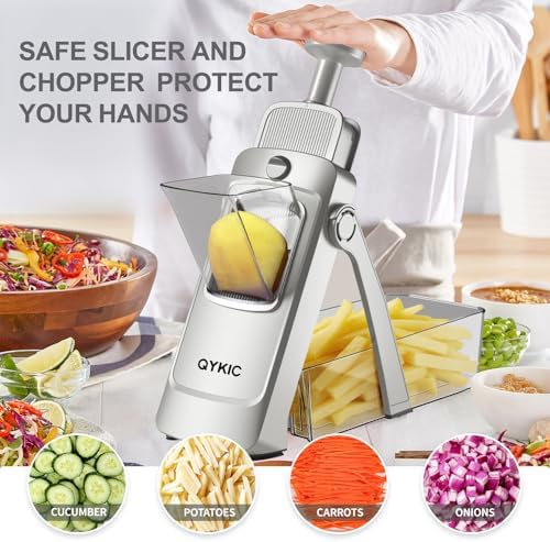 QYKIC Safe Mandoline Slicer,Vegetable Potato Slice Food Cutter for Kitchen,Thickness Adjustable Upright Veggie Chopper for Fast Meal prep (Sliver)