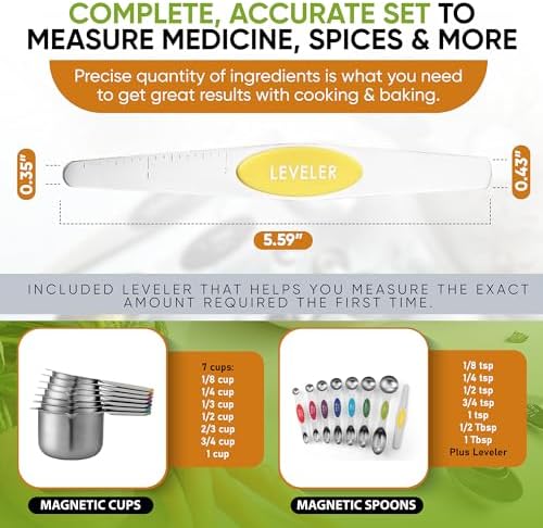 Spring Chef 15 Magnetic Measuring Cups & Spoons Set w/Levelers, Multicolor