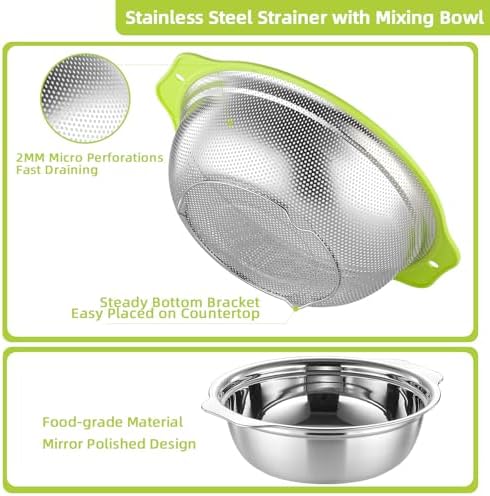 Colander Stainless Steel Microporous, 5QT Large Capacity Rice Washer with Mixing Bowl, 12.5’’Rice Strainer Bowl Set with Handle, Food-Grade Strainers and Colanders for Washing Rice, Pasta