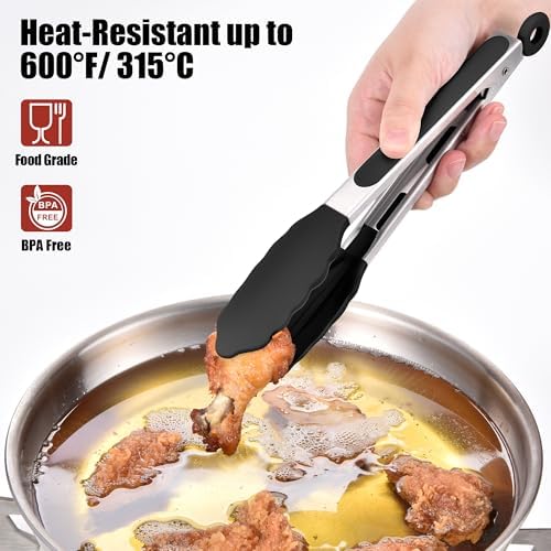 Doosu Kitchen Tongs with Silicone Tips for Cooking Serving (9in, Black)
