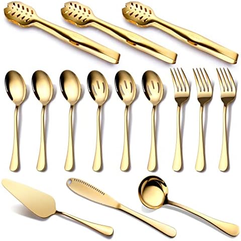 Gold Serving Utensils, OGORI 15-Piece Stainless Steel Gold Serving Utensils Set Include Serving Spoons, Slotted Serving Spoons, Serving Tongs, Serving Forks, Butter Knife, Soup Ladle, Pie Server