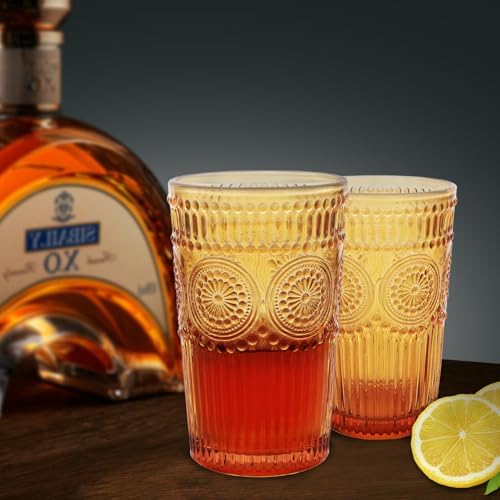 Loivttvv 6pcs Vintage Drinking Glasses Set, 12 oz Amber Highball Glasses, Embossed Ribbed Glassware Cups for Thanksgiving Cocktail, Juice, Whiskey