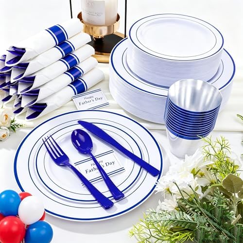 WELLIFE 210 Piece Blue Disposable Dinnerware Set,Plastic Plates for Party, Include: 30 Dinner Plates, 30 Dessert Plates, 30 Pre Rolled Napkins with Gold Silverware and 30 Gold Cups