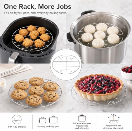 QWORK 8 Inch Round Cooking Rack, 2 Pack 304 Stainless Steel Air Fryer Rack with Stand, Cooling & Baking for Steaming, Pressure Cooker Trivet, Canning Jar Rack
