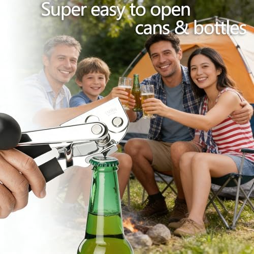 Manual Can Opener Heavy Duty Smooth Edge - Bottle Opener Combo for Seniors Adults, Stainless Steel Kitchen Camping Tool, Safe Easy to Use, Black