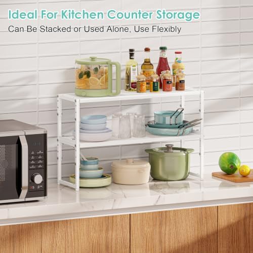2 Pack Expandable Cabinet Shelf Organizer, Adjustable Kitchen Countertop Metal Storage Shelves Organizers, Stackable Kitchen Counter Pantry Cupboard Storage Rack, 30LBS Load Capacity,15.5"-25.5" Long