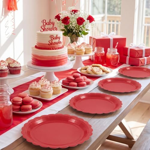 NatNarr 30 Pcs Red Paper Plates 9" Disposable Scalloped Red Party Plates