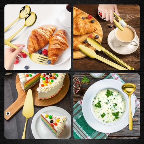 Gisly Gold 12 Pieces Serving Utensils Include Large Serving Spoons,Slotted Serving Spoons,Serving Forks,Serving Tongs,Appetizers Tongs,Soup Ladle and Pie Cake Server for Buffet Catering