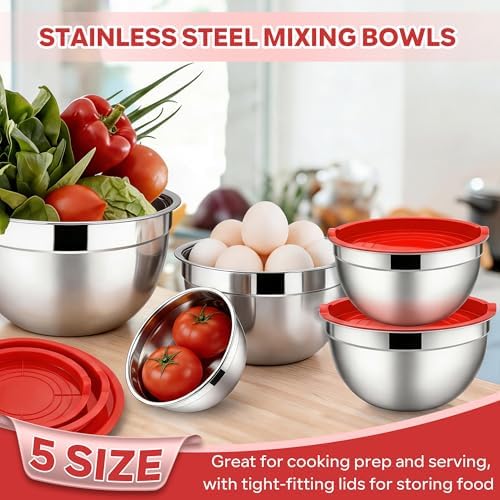 E-far Mixing Bowls with Lids Set, Stainless Steel Cooking Salad Bowls, Red