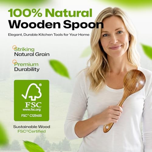 AIUHI Wooden Mixing Spoon, Teak Wooden Spoon for Cooking, Serving & Mixing, Non-Stick Safe Wooden Cooking Spoon, Essential Wooden Utensil for Kitchen