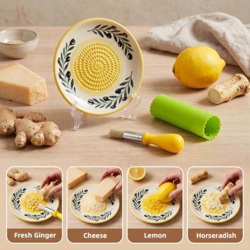 Ceramic Garlic Grater Plate Set – Hand-Painted Floral 4-Piece Set with Silicone Peeler, Cleaning Brush & Display Stand – Porcelain Grater Dish for Garlic & Ginger (Yellow)