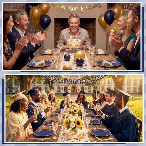 NatNarr 30 Pk Navy Blue Paper Plates 9" Scalloped Blue Gold Party Plates