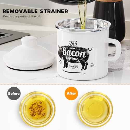 Bacon Grease Container with Strainer-15OZ Enamel Saver, Dishwasher Safe