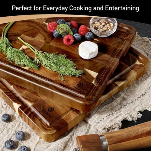 End Grain Cutting Board Set of 2 with Non-slip Feet, Acacia Wood