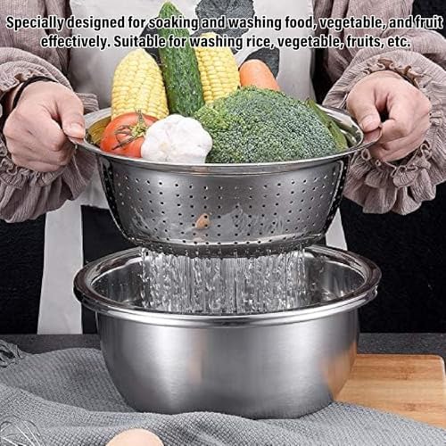 Multifunctional Stainless Steel Basin, Germany 3 In 1 Grater Strainer Vegetable Cutter with Drain Basket Salad Maker Bowl for Kitchen 10.5 inch