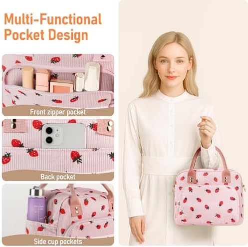 Lunch Bag Large Insulated Lunch Box for Women Adult Cute Pink Strawberry Lunchbox Corduroy Lunch Bags Boxes Pail with Shoulder Strap for Work Mom Picnic Office Travel 11.4×6.8×9.1 inches 11.5L