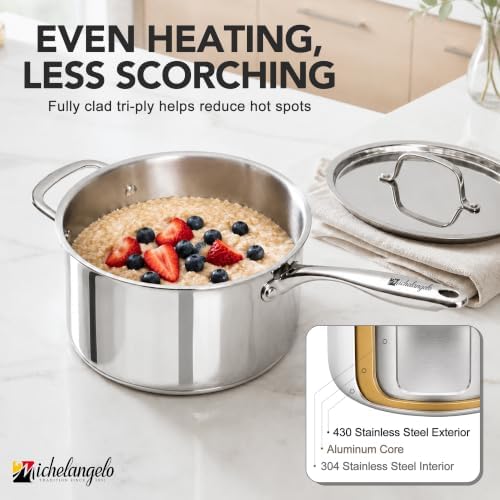 MICHELANGELO 4 Quart Stainless Steel Saucepan with Lid & Helper Handle