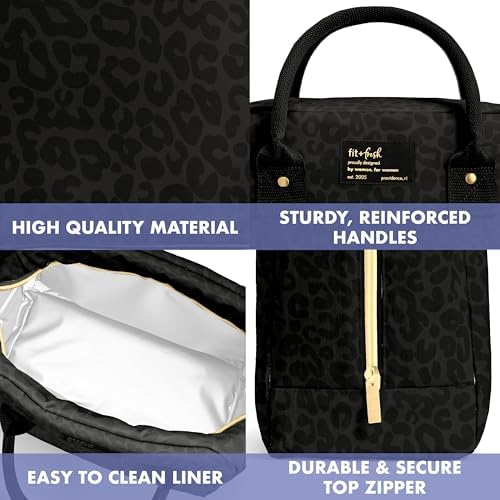 Fit & Fresh Bloomington Lunch Bag for Women - Insulated Large Lunch Box for Work with Containers, Leak-Resistant, Stain-Resistant, Zipper Closure, Black Feline Fine