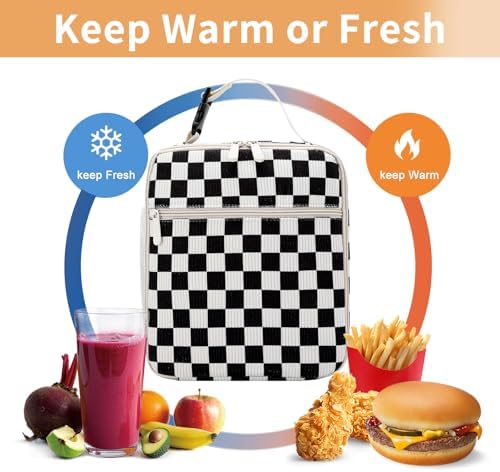 Lunch Box for Women Men Adult Insulated Lunch Bag Women Men Small Reusable Lunchbox for Work Picnic Travel (Black-White Plaid)