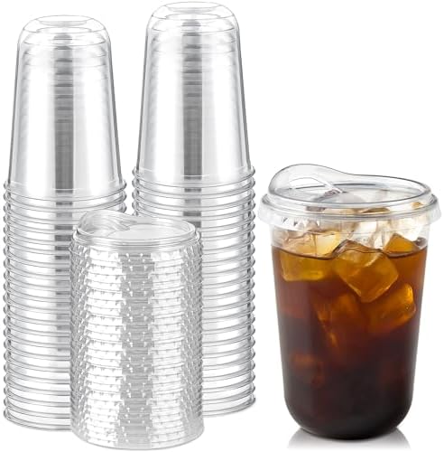 16 oz Clear Plastic Coffee Cups with Sip Lids, 25 Sets