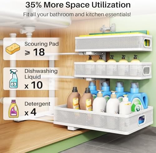 Kitstorack Under Sink Organizer, 2-Pack 3-Tier Height Adjustable Thickened Metal Pull out Cabinet Organizer Shelf, Slide out Storage Drawer Rack for Bathroom Kitchen Pantry Home Laundry Organization