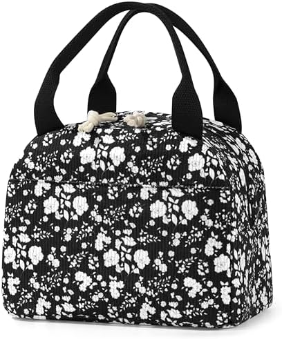 TESAFNG Lunch Bag - Insulated Lunch Box for Women, Reusable Large Capacity Cooler Bag for Adult, Small Leakproof Cute Corduroy Lunch Tote for Work Office Travel Picnic (Corduroy White-Flower)