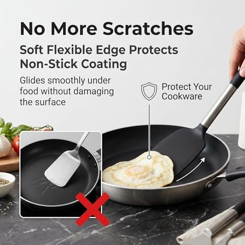 2-Pack Silicone Solid & Slotted Turner Spatulas, Non-Stick Heat Resistant Cooking Utensils for Eggs, Fish & Pancakes, Stainless Steel/Black Handle